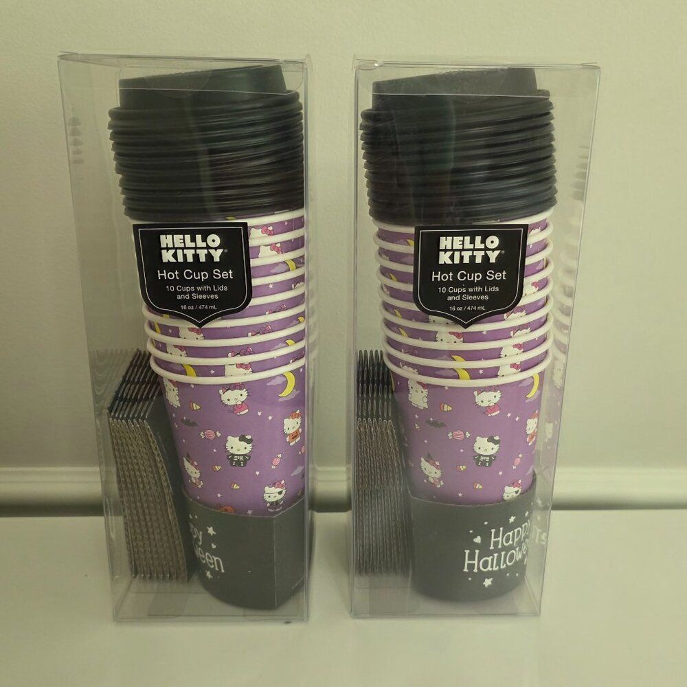 HELLO KITTY 16 oz Paper Cups w/ Lids and Sleeves | Coffee Hot Cocoa Tea | NEW